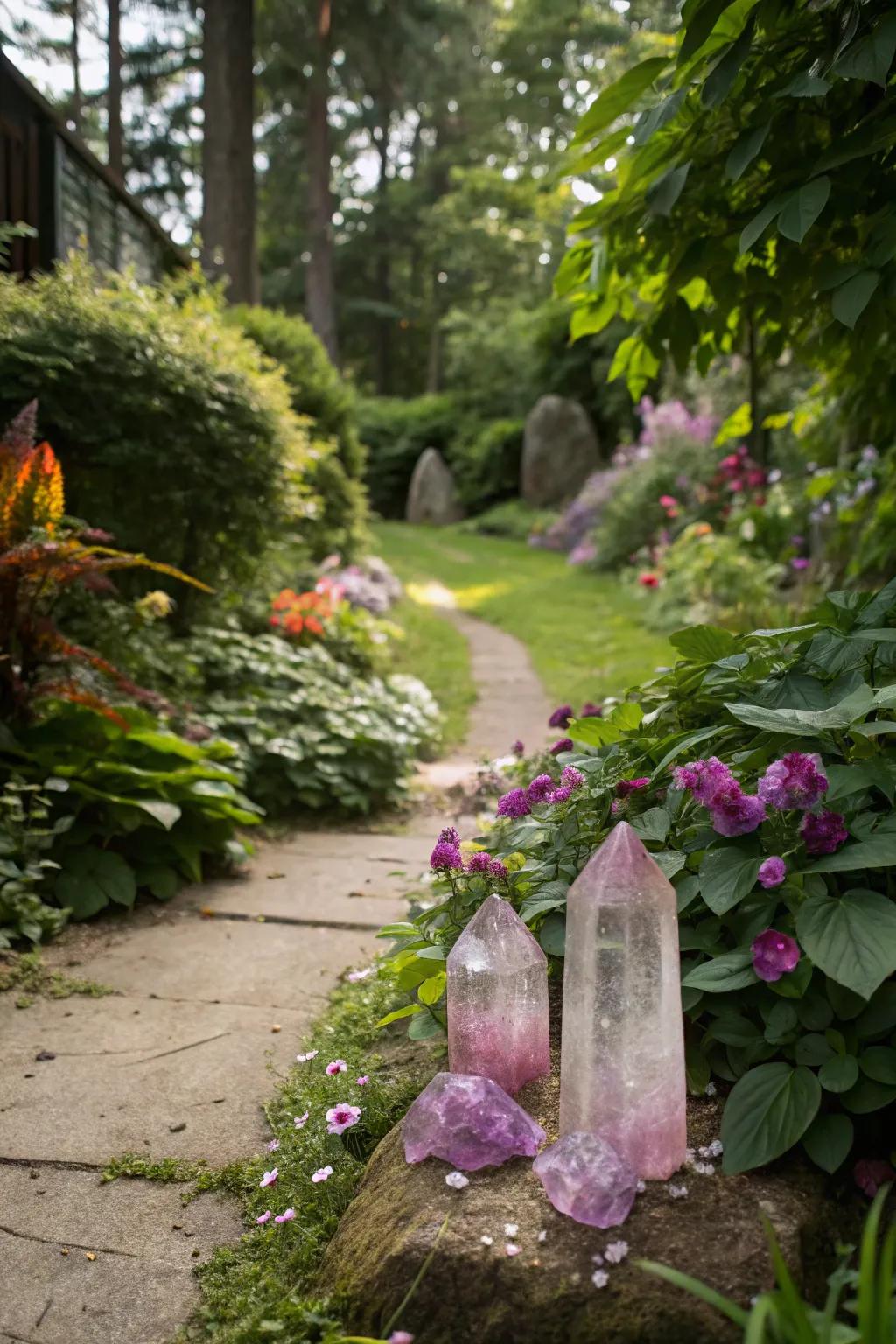 A crystal garden with calming quartz and amethyst.