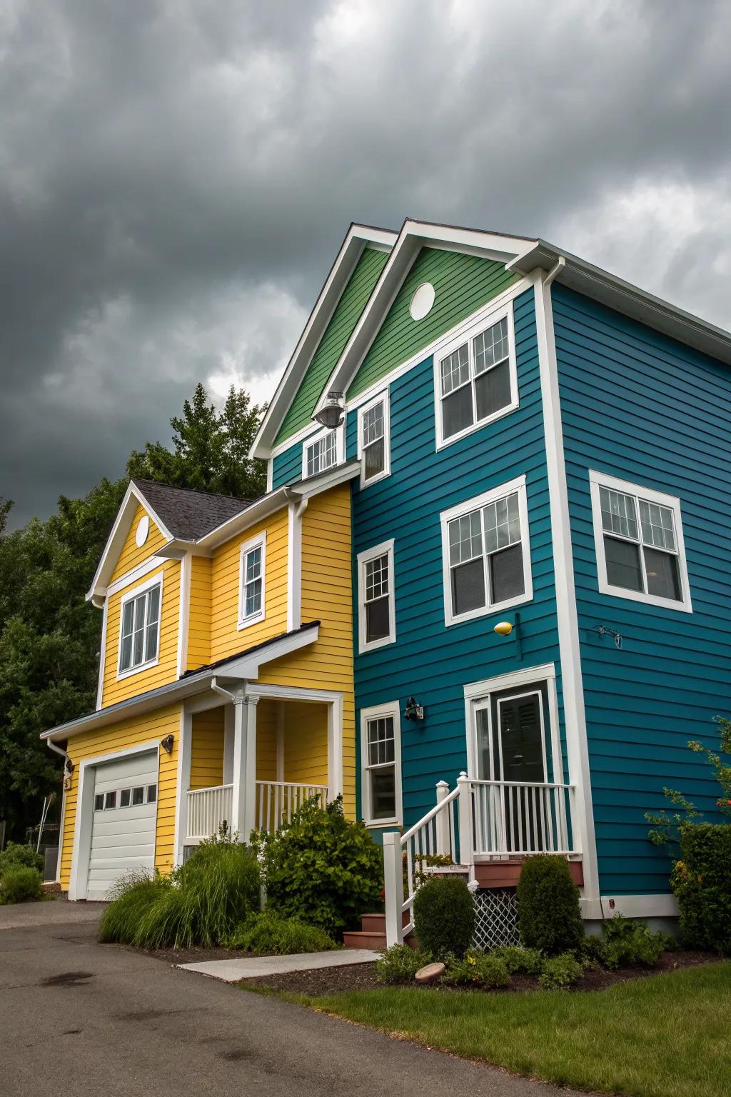 Dynamic color blocking adds a modern aesthetic to this split-level home.