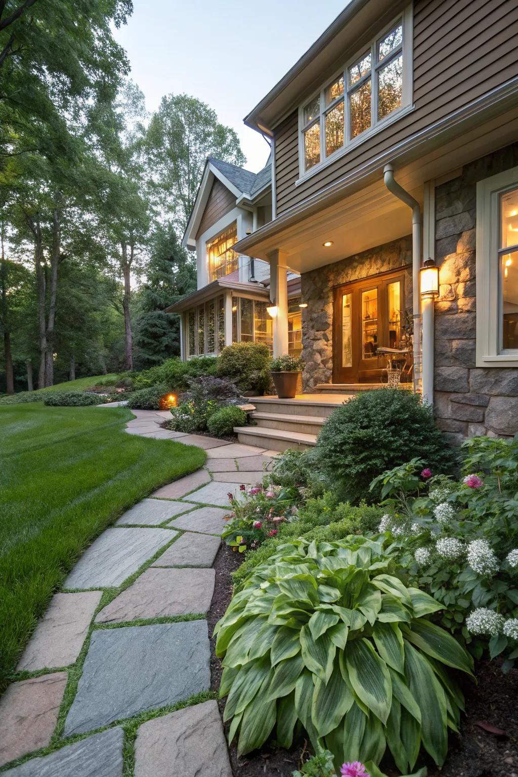 A garden pathway adds charm and guides guests to this inviting porch.