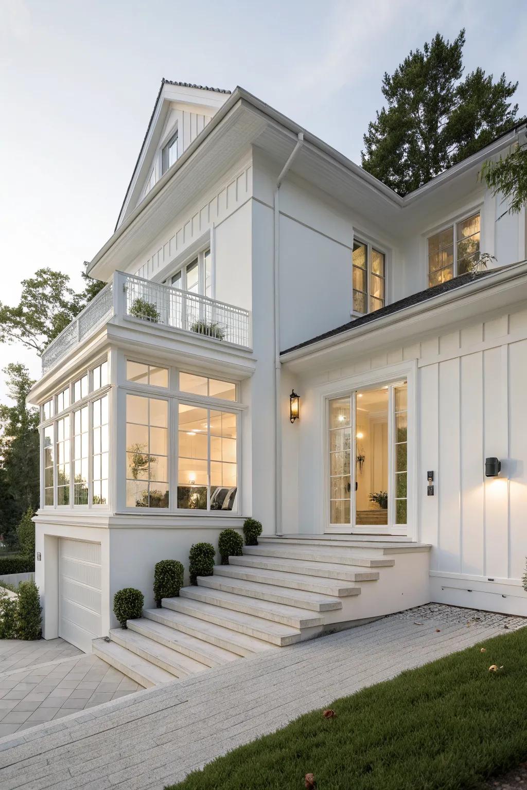 A sleek white-on-white scheme offers a timeless, elegant facade.