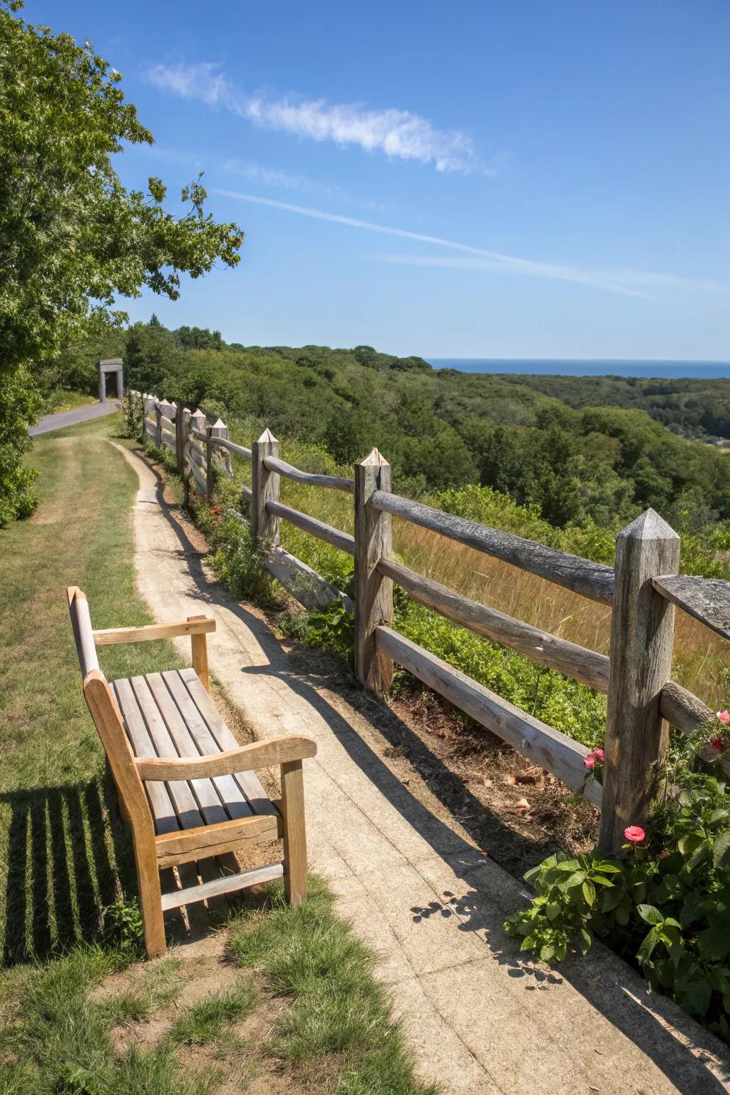 Integrated seating adds functionality to this split rail fence.