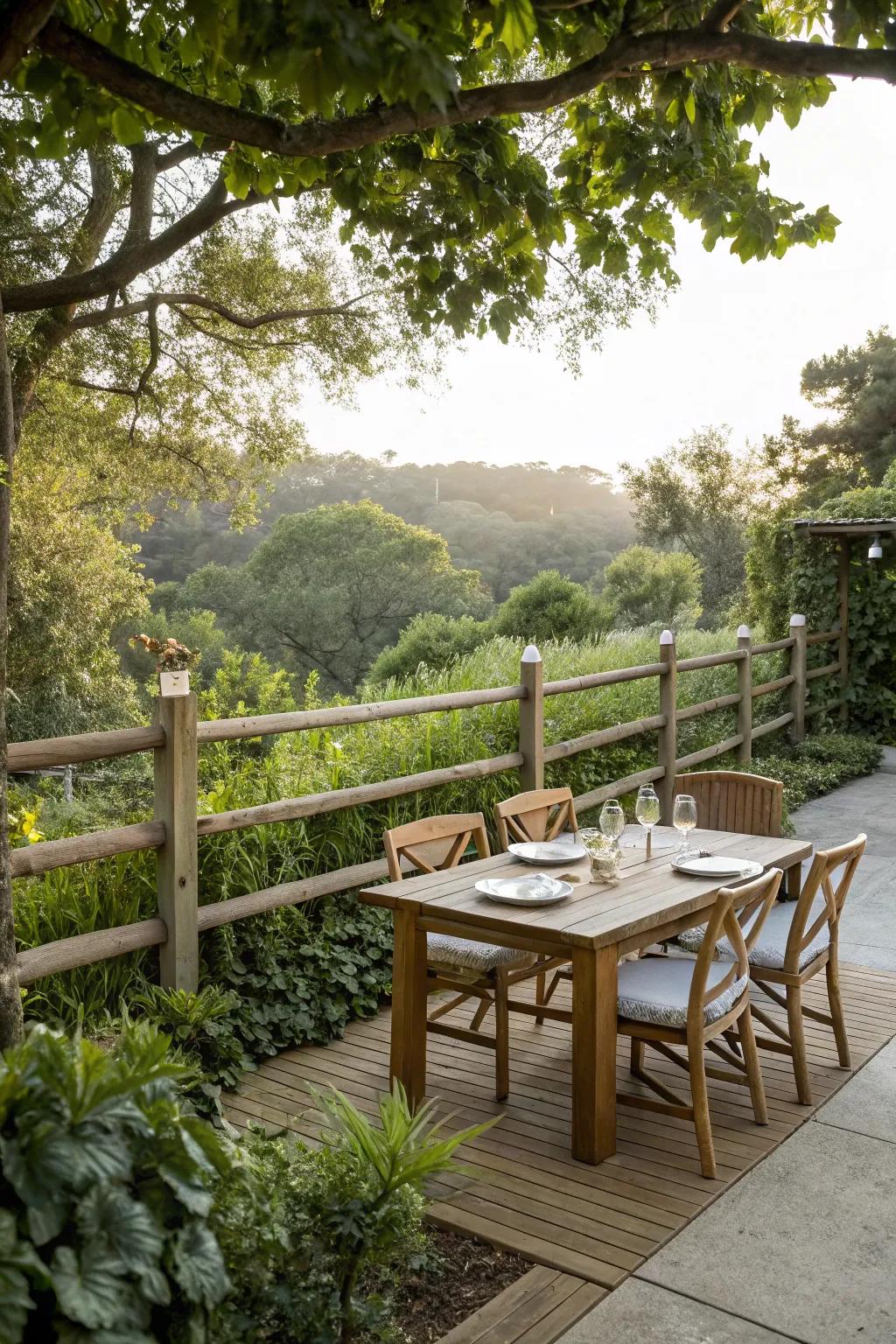 A split rail fence adds rustic charm to this inviting outdoor dining area.