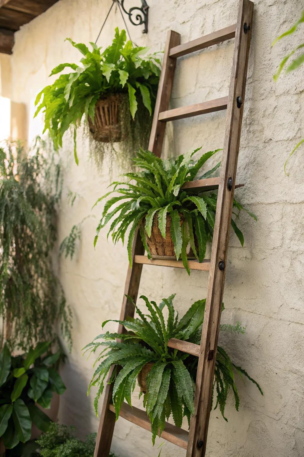 Elevate your plant game with a ladder display of staghorn ferns.