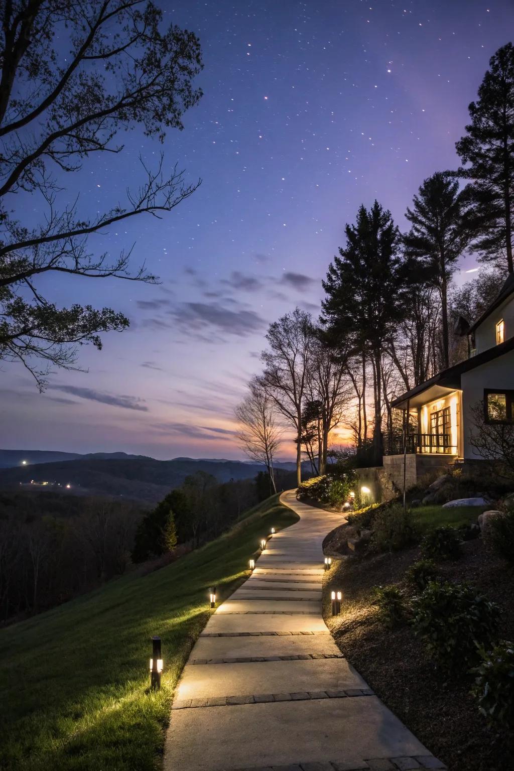 Pathway lighting enhances safety and ambiance.