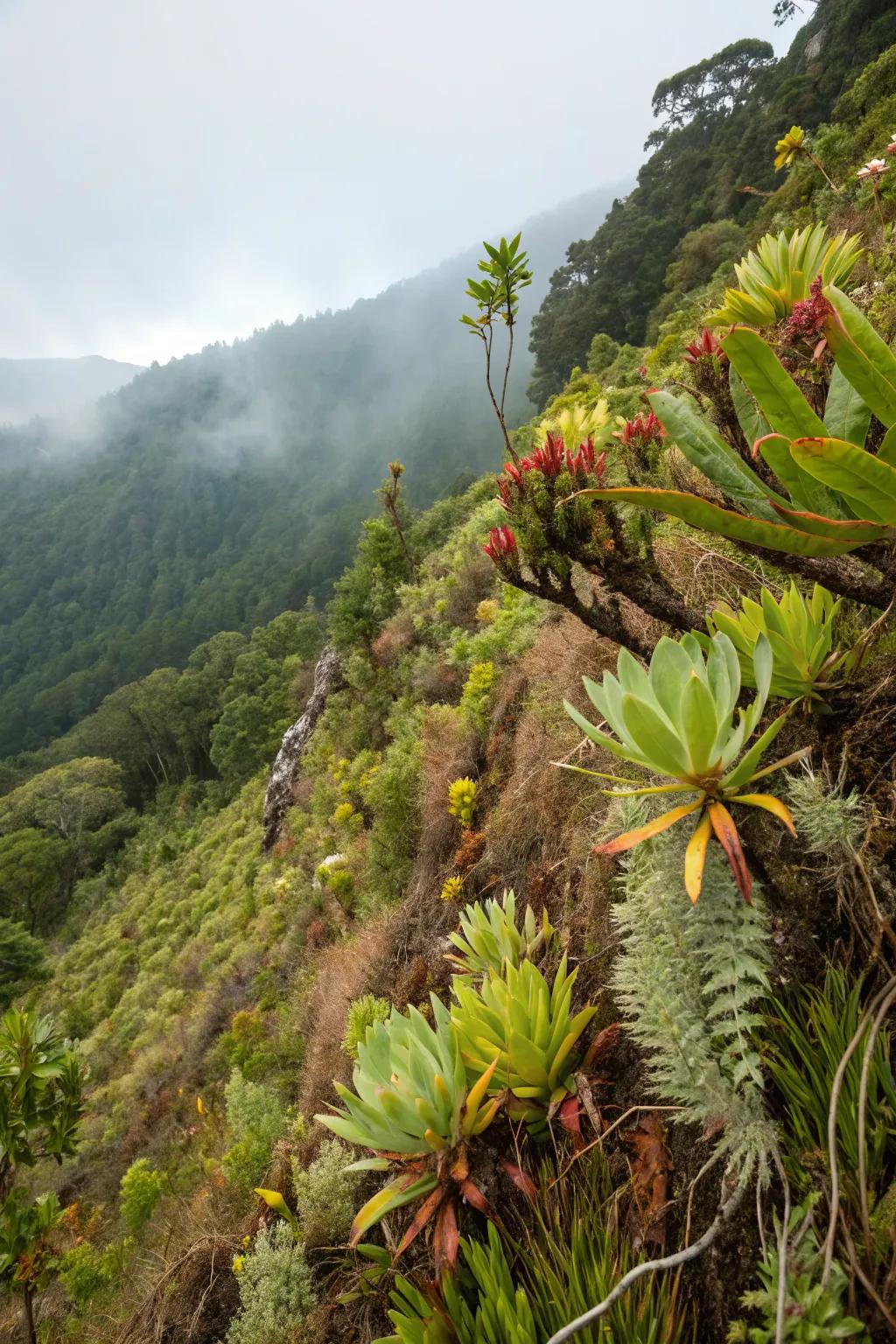 Native plants flourishing naturally on a steep garden slope.