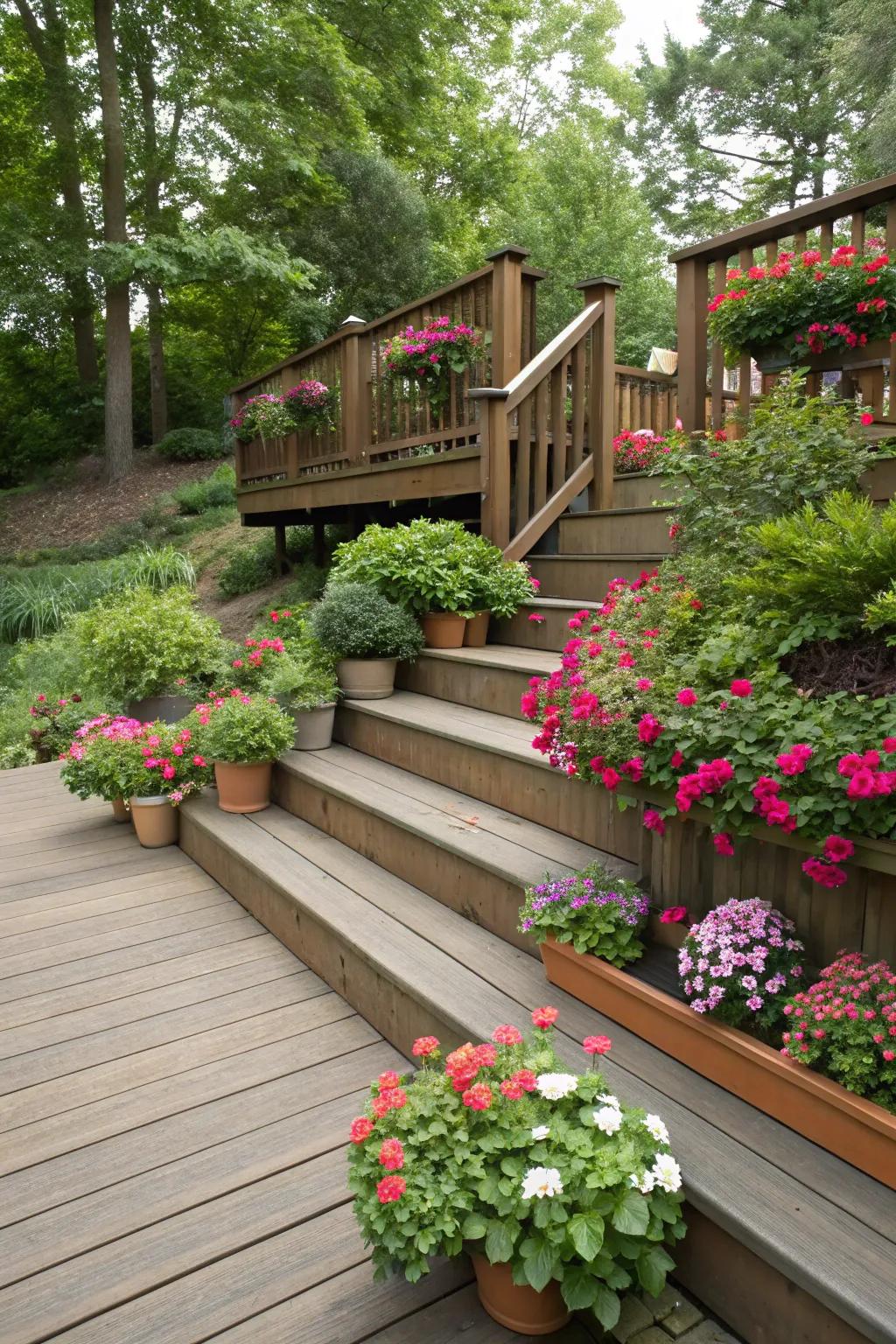 Tiered landscaping adds depth and color to a deck.