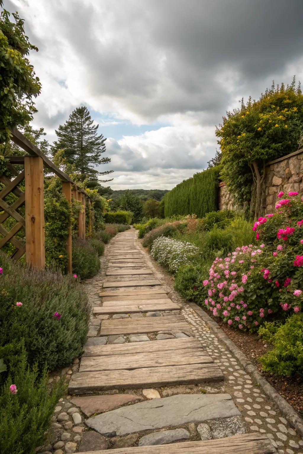 A rustic pathway combining the natural elements of wood and stone.