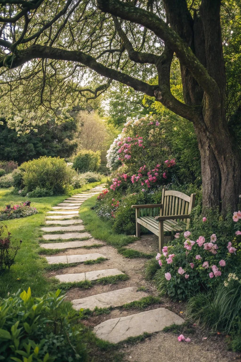 Stepping stones leading to a garden feature, inviting a pause and enjoyment