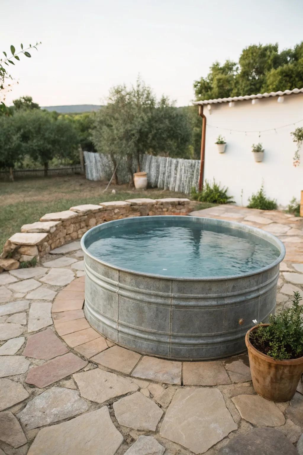 Stone tiles add rustic charm to the pool area.