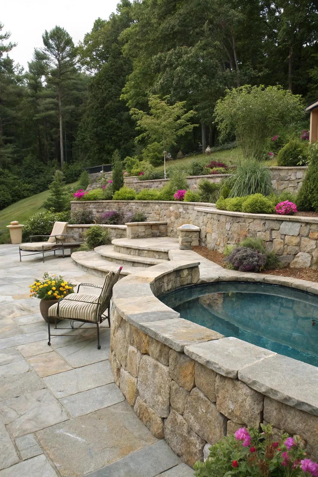 Stone retaining walls add structure and depth to your pool landscape.