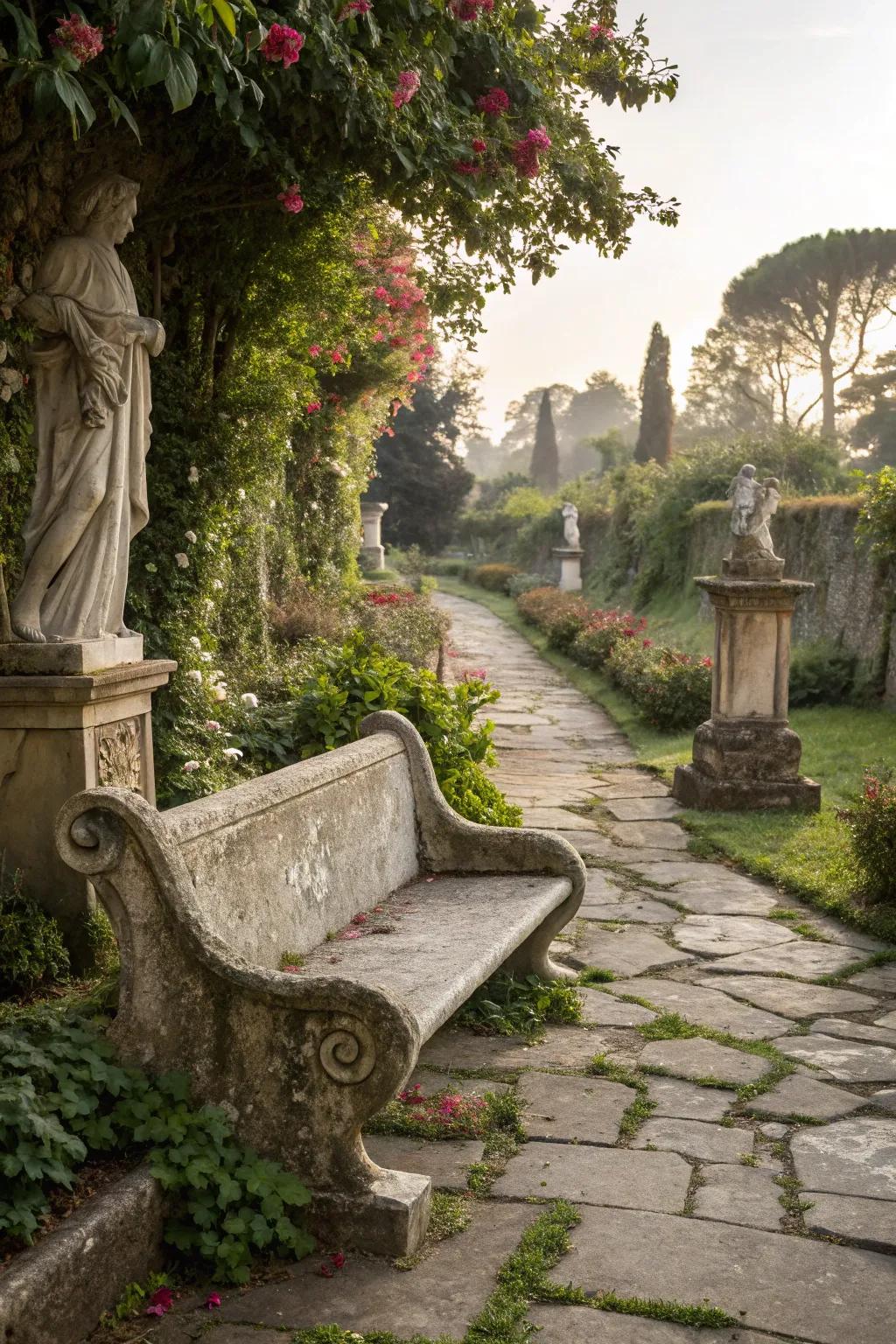 An antique-style stone bench adds historical charm to this garden.