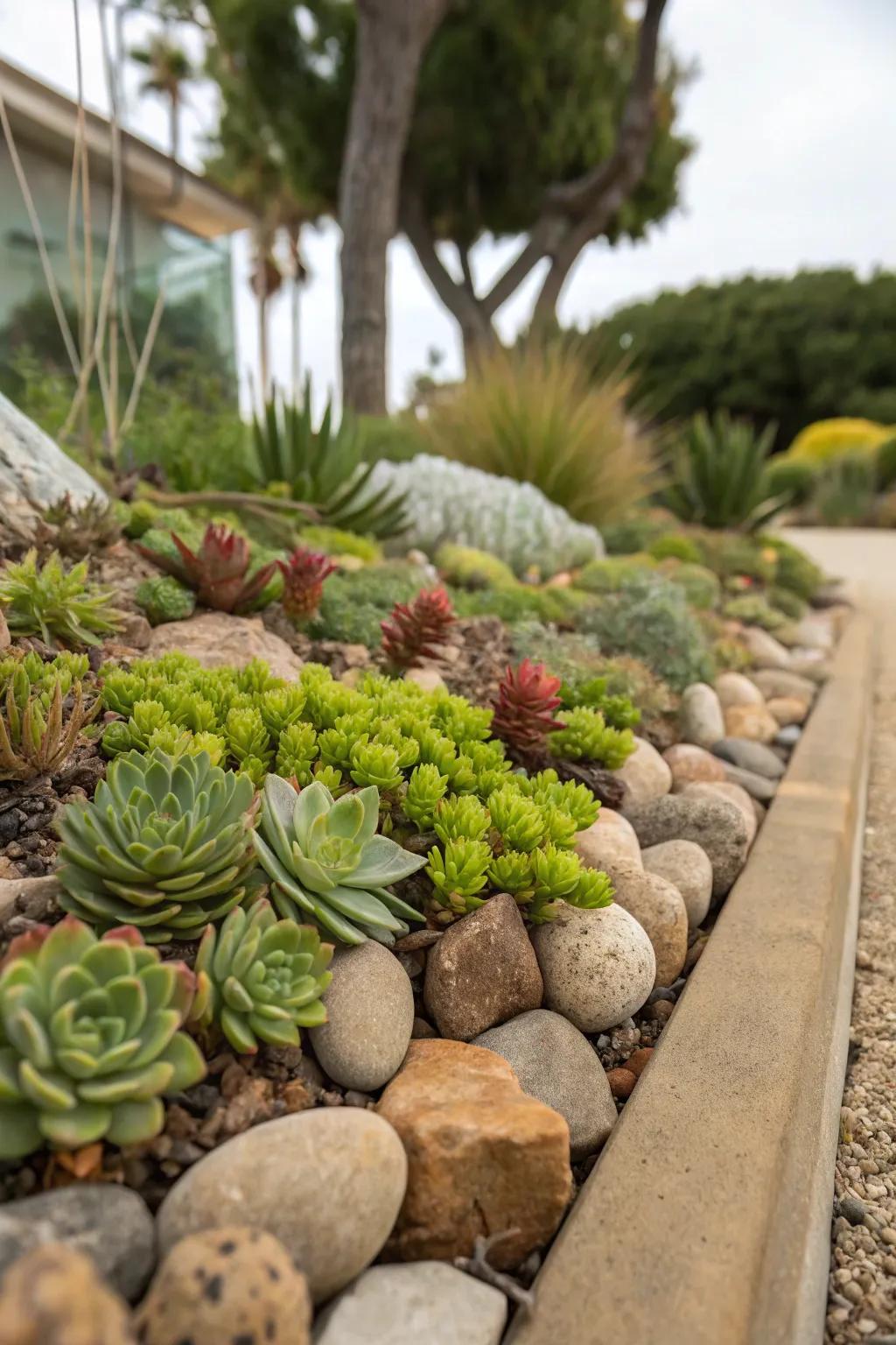Stones and succulents create a modern, low-maintenance garden.