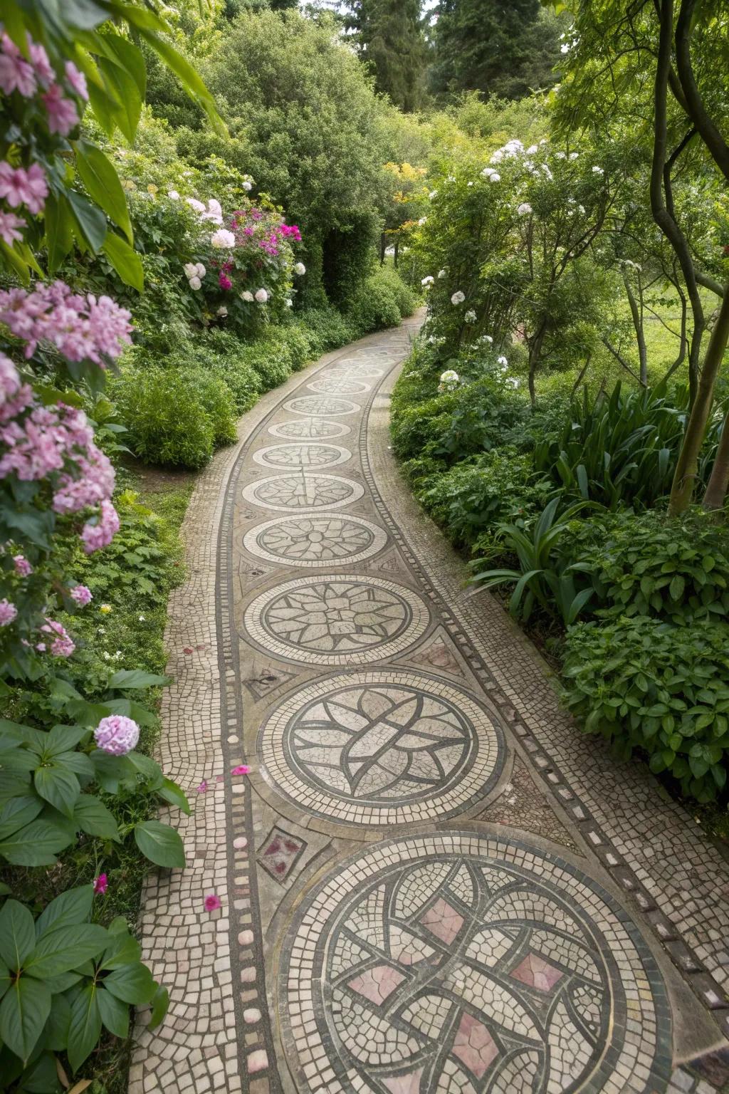 An artistic stone mosaic path adding a unique touch to the garden.