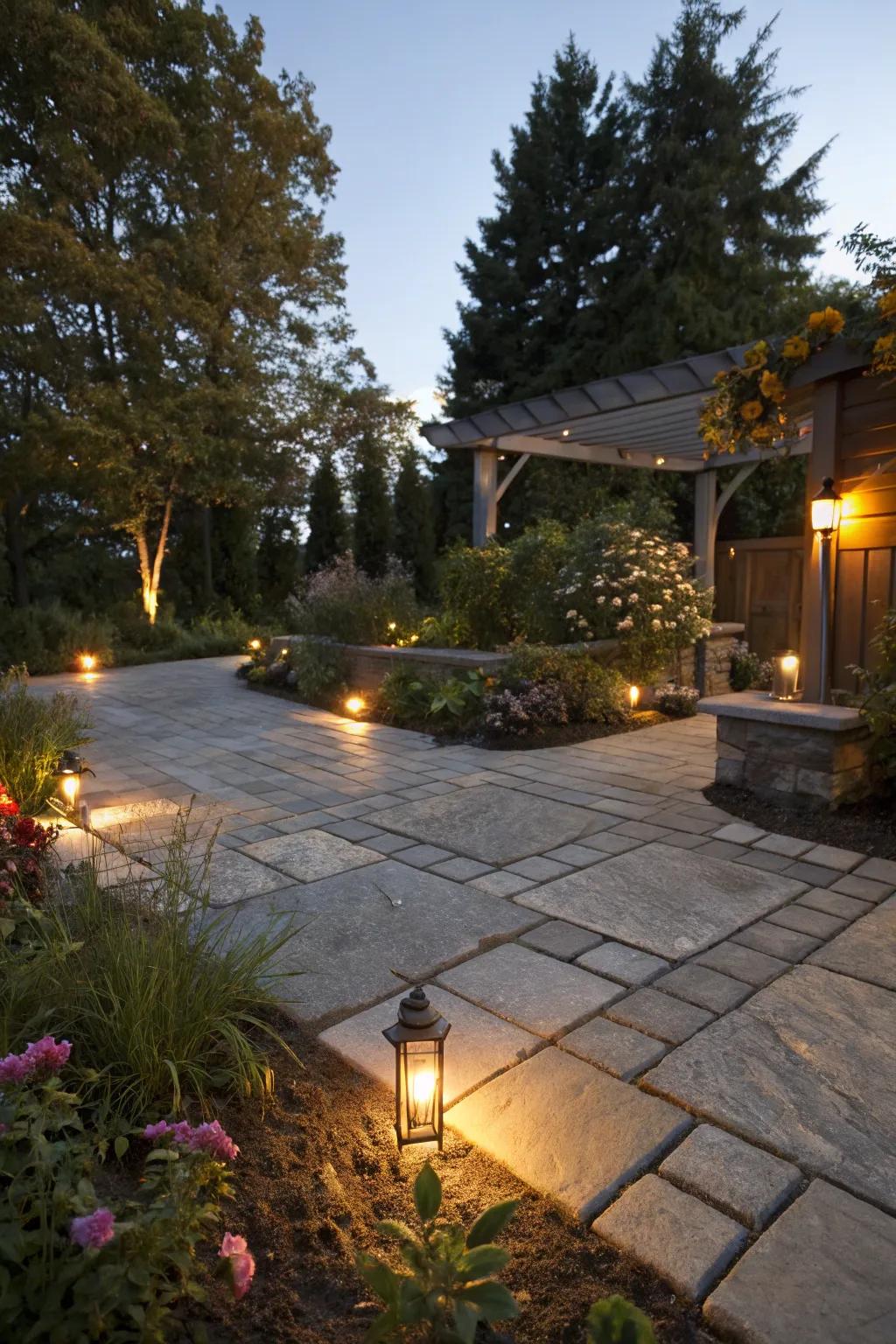 Integrated lighting adding evening ambiance to a stone patio.