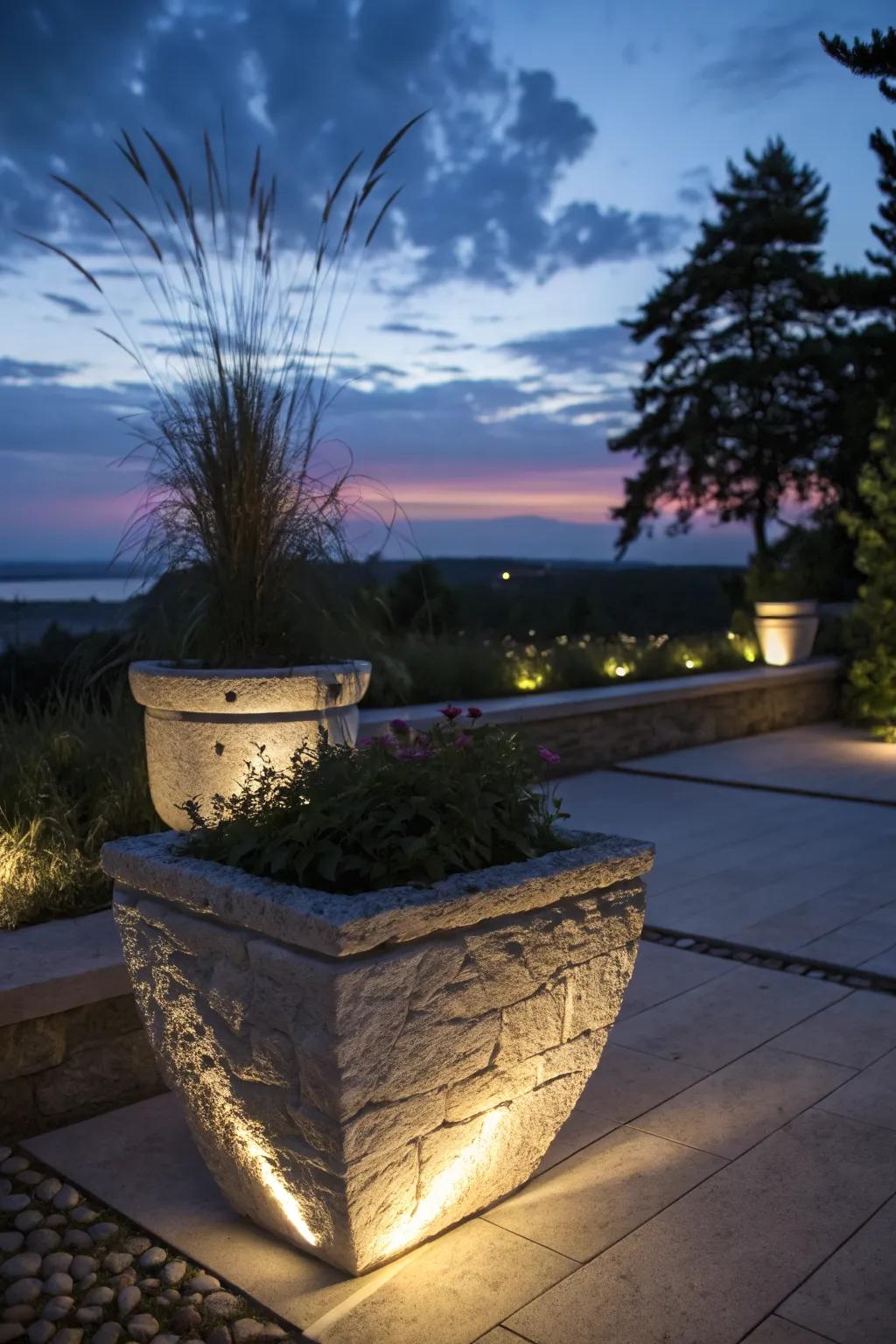 A stone planter illuminated with soft lighting for a magical garden feel.