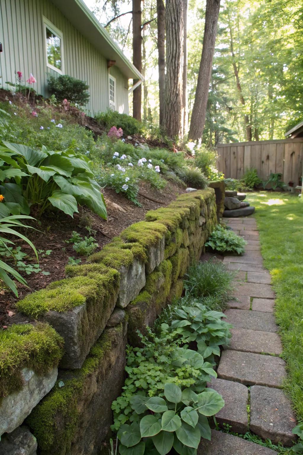 Retaining wall crafted from reclaimed stones for a rustic look.