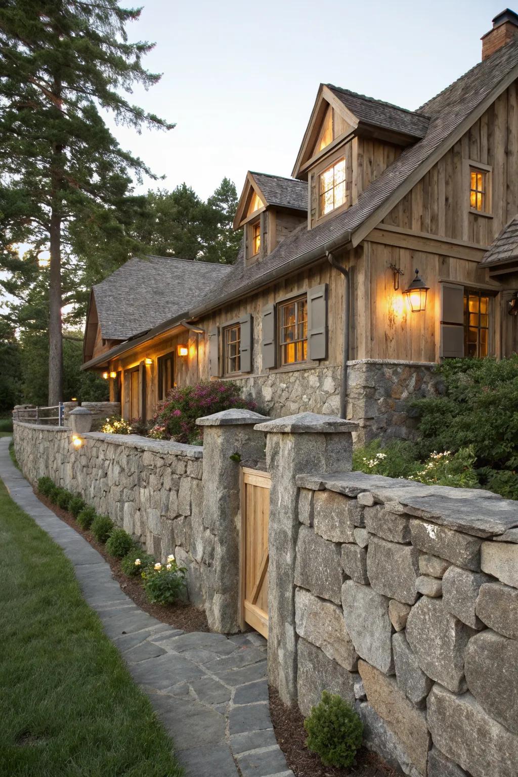 Stone and wood combine for a warm and inviting exterior.