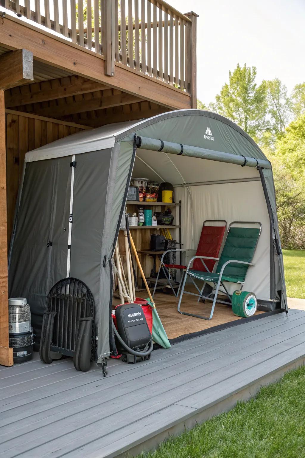 Portable storage tents under the deck offer weatherproof protection for large items.