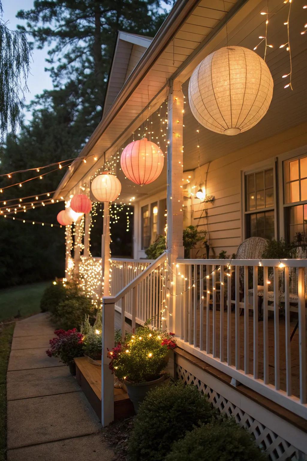 A festive porch setup with fabric lanterns and string lights.