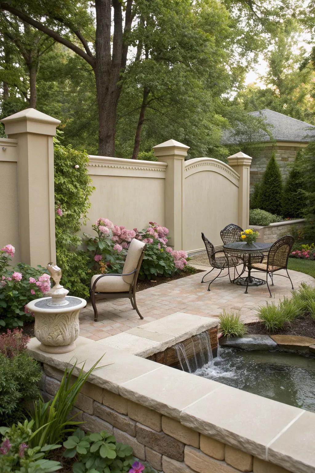 A stucco fence creating a secret garden retreat.
