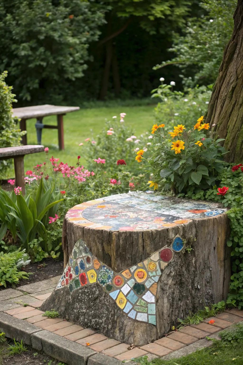 Personalize your bench with a vibrant mosaic finish.