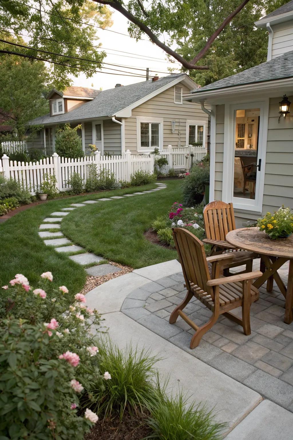 A cozy conversation space adds a welcoming touch to this front yard.