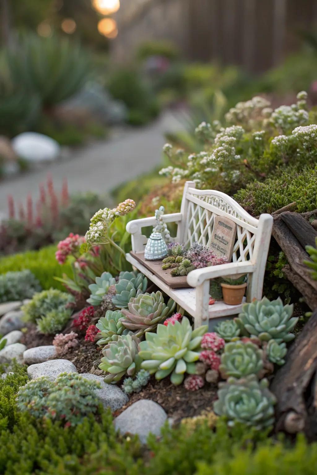 Miniature benches add a welcoming touch to your fairy garden.