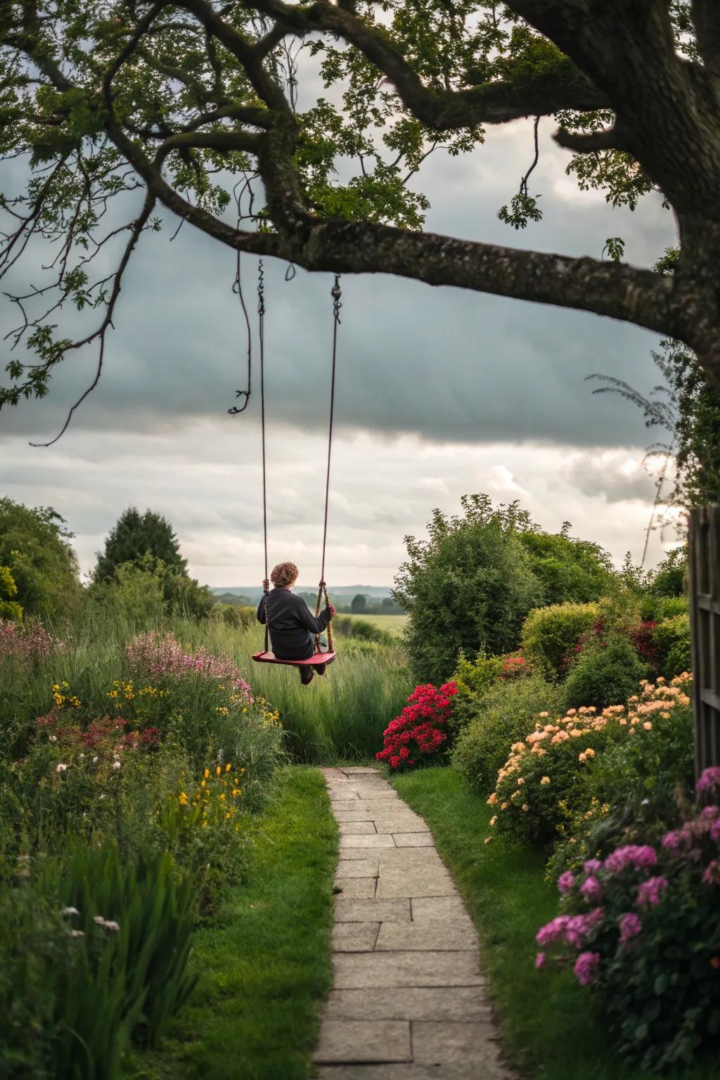 A garden swing providing a playful, relaxing spot