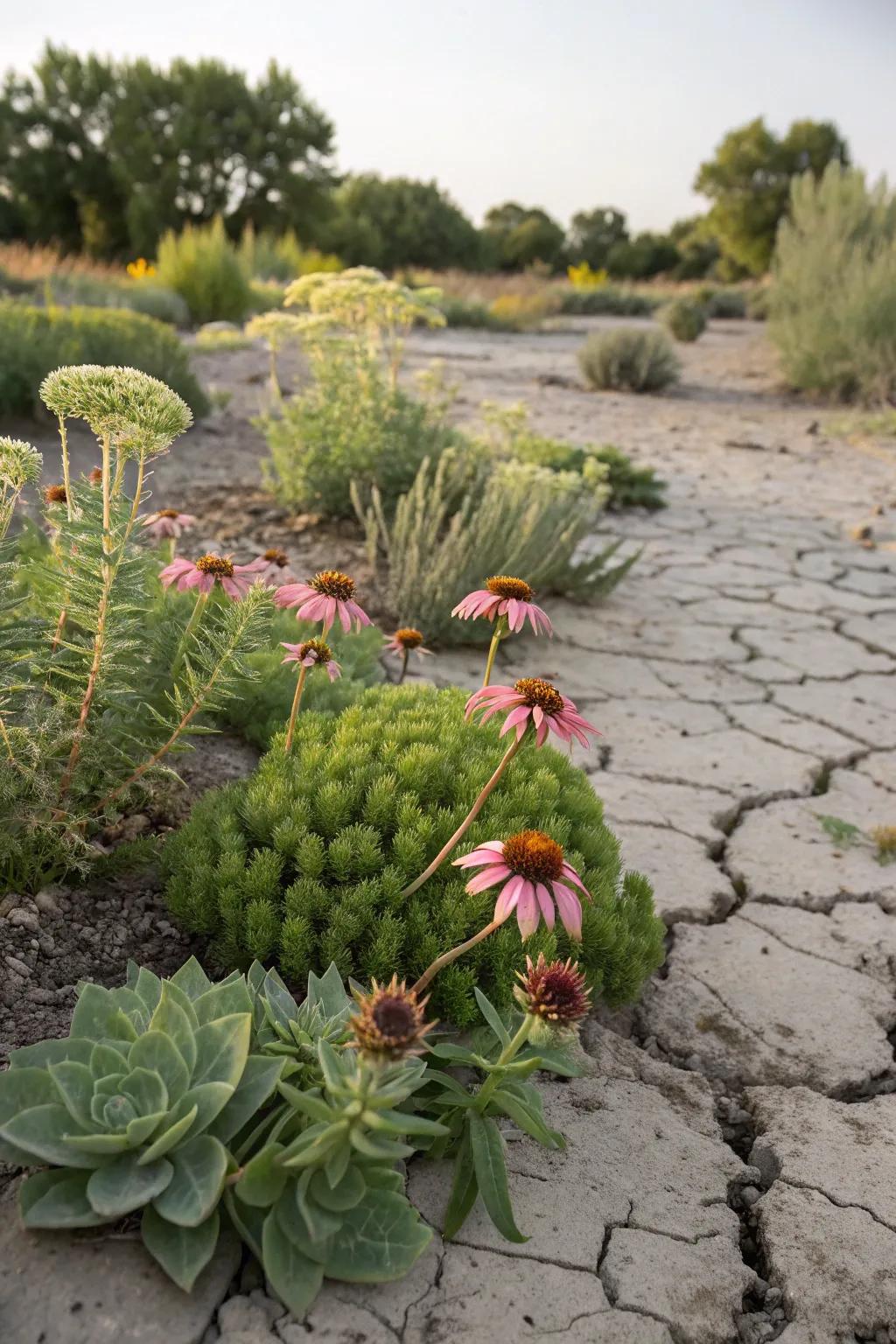 Drought-tolerant plants standing strong in dry conditions.