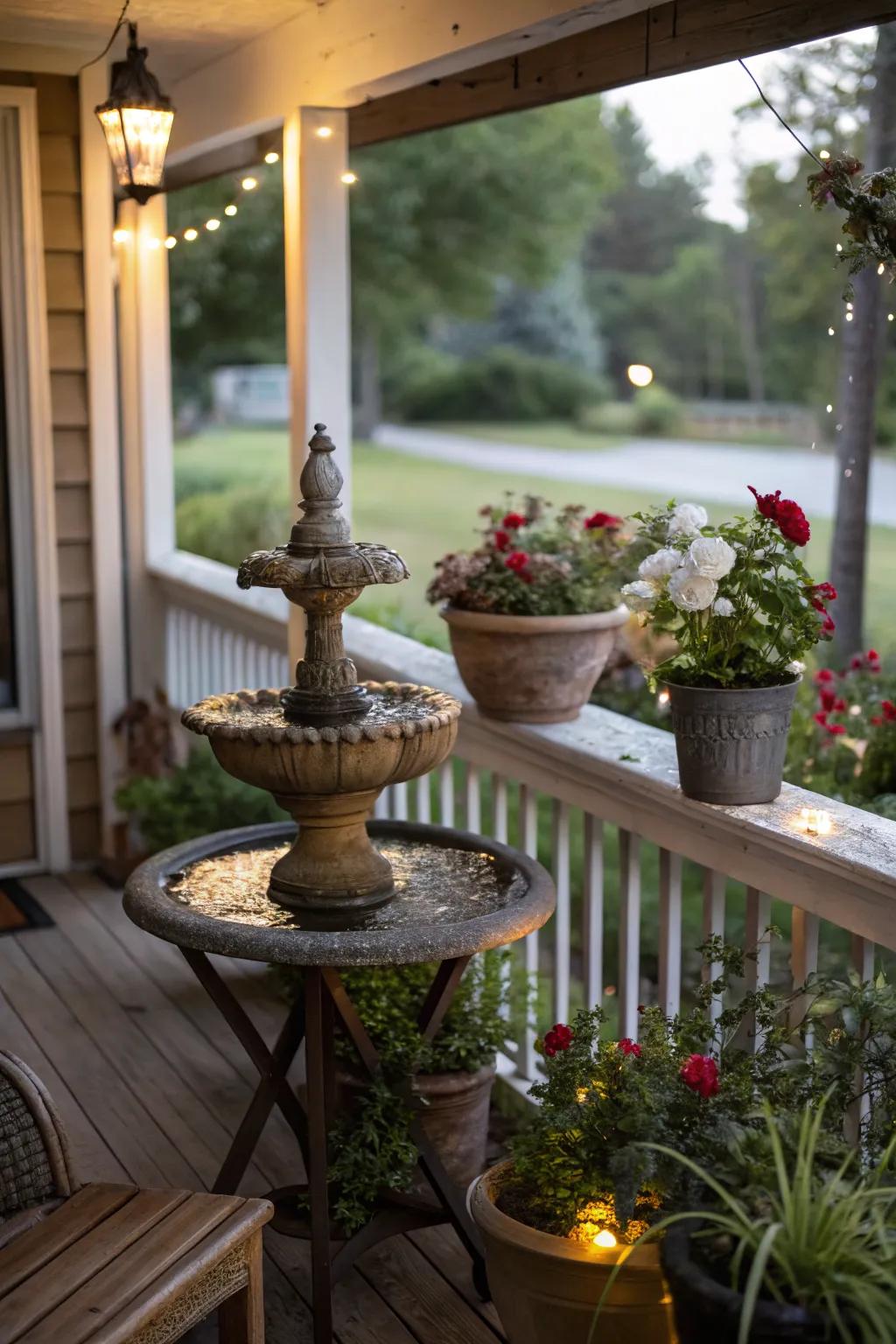 A water feature adds tranquility and elegance to the porch.