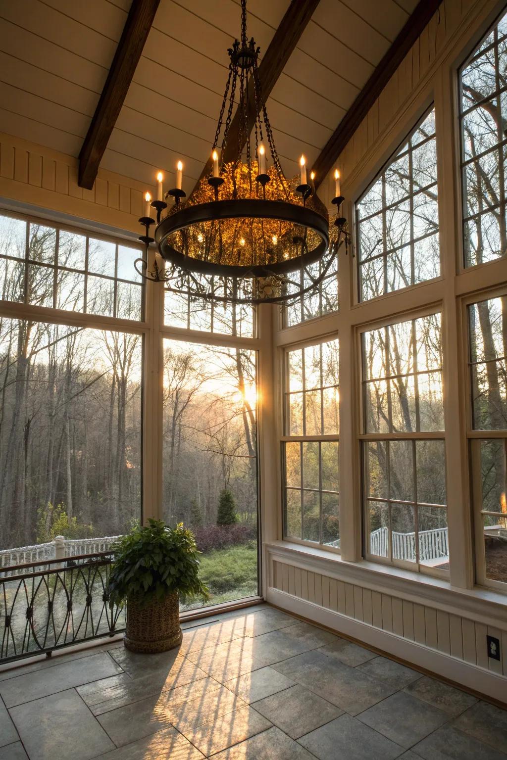 Statement lighting enhances the sun porch's character.