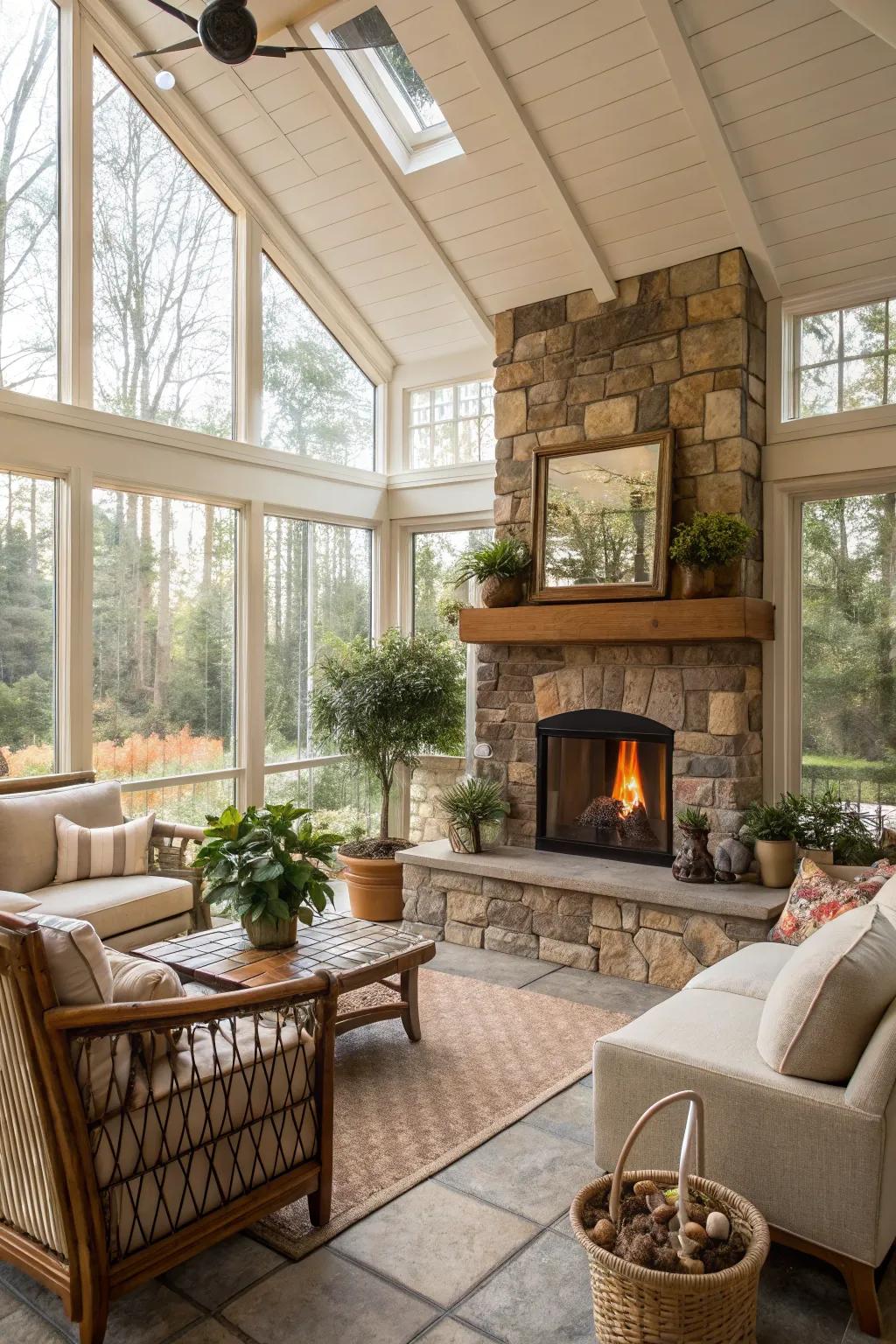 A fireplace creates a cozy atmosphere.