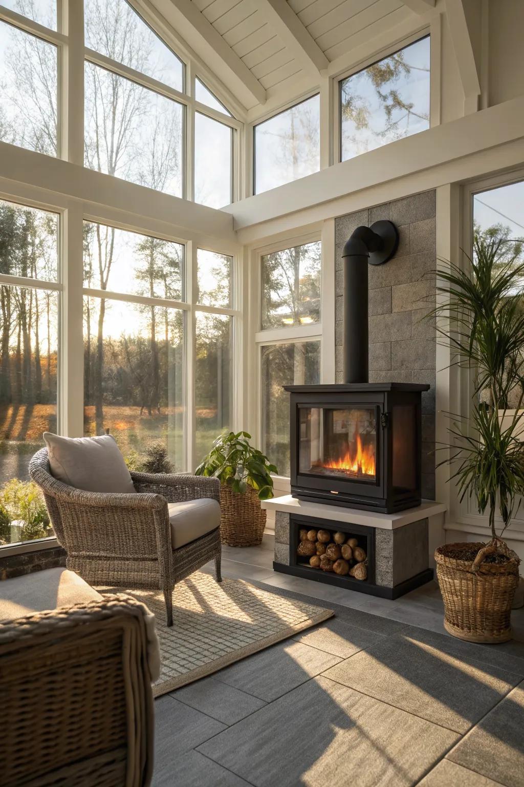 A fireplace adds warmth and comfort to the sunroom year-round.