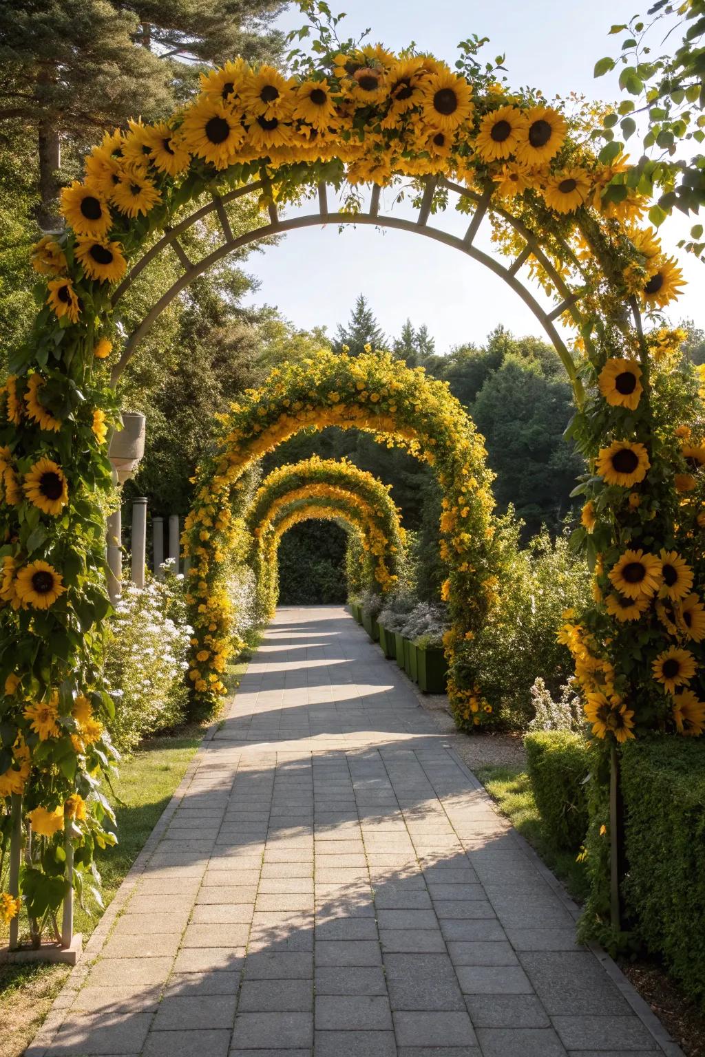 A welcoming sunflower archway leading into a garden.