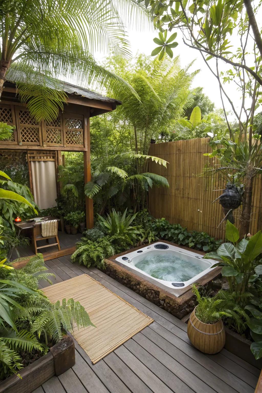 A sunken hot tub deck transformed into a lush tropical retreat.