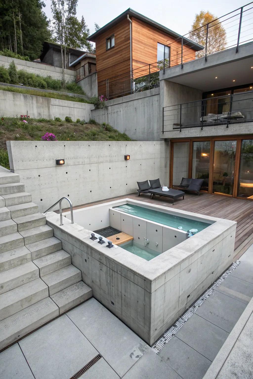 Concrete framing offers a bold and modern aesthetic for your hot tub.