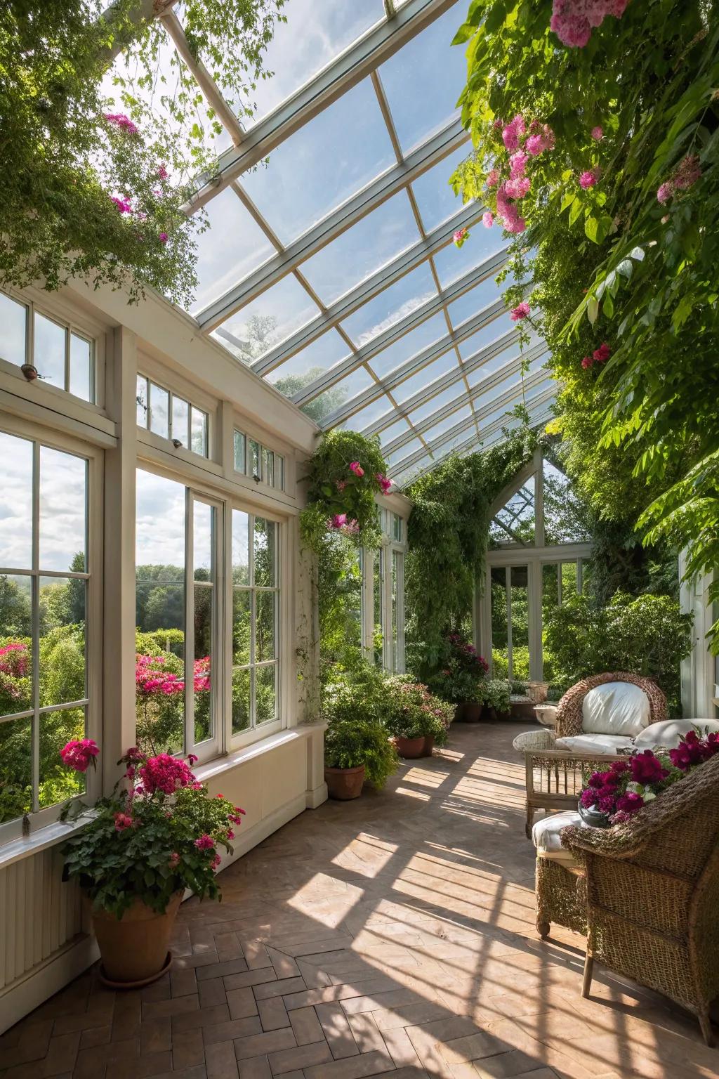 Greenhouse glass ceilings offer an immersive nature experience.