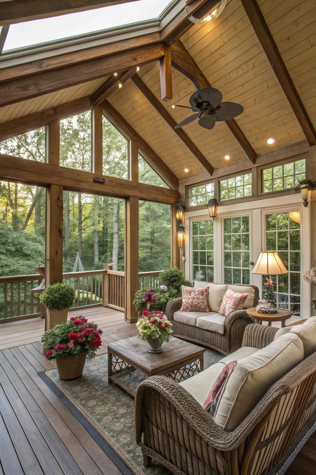 A gable roof adds rustic charm to the sunroom.