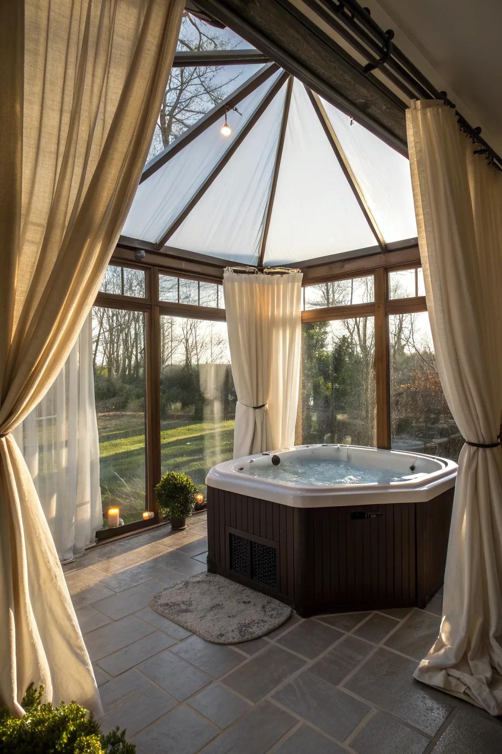 Elegant drapes provide flexible privacy options in the sunroom.