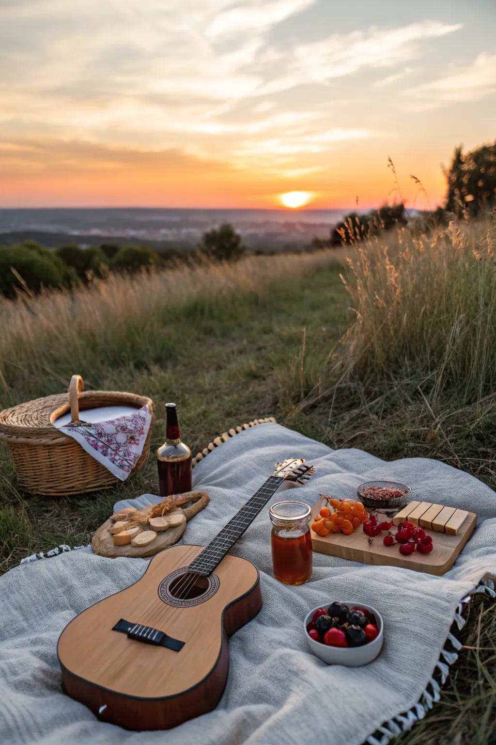 A guitar ready to bring music to a sunset picnic.