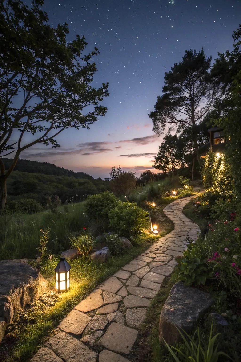 An enchanting garden path illuminated by energy-efficient solar lighting.