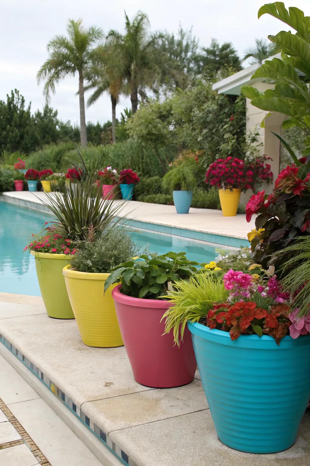 Container plants provide versatile and dynamic poolside decor.