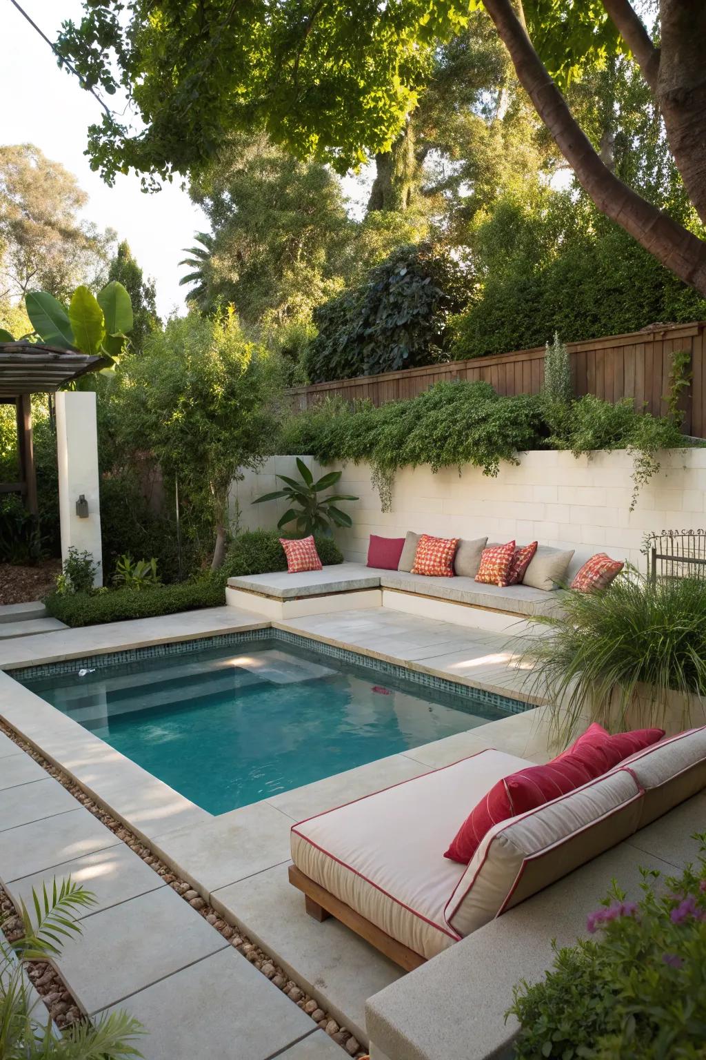 A sunken lounge area adds a unique touch to this pool space.