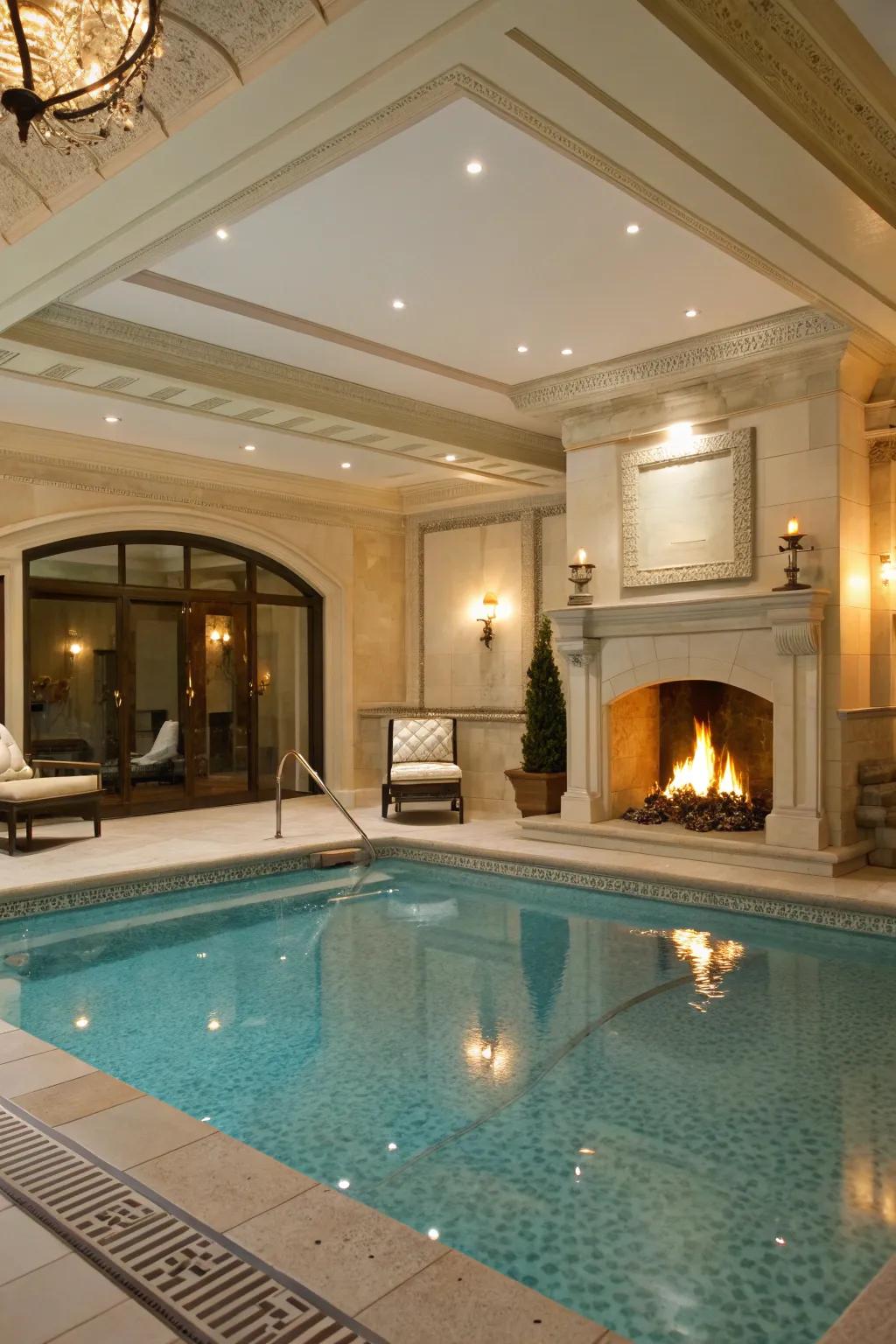 A cozy fireplace corner adds warmth and elegance.