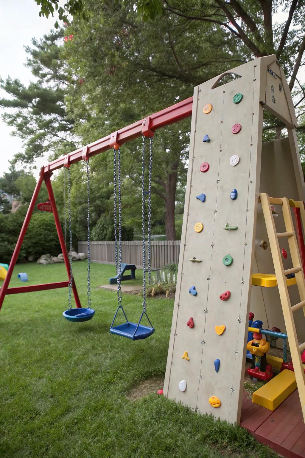 A backyard swing set featuring an exciting attached climbing wall.