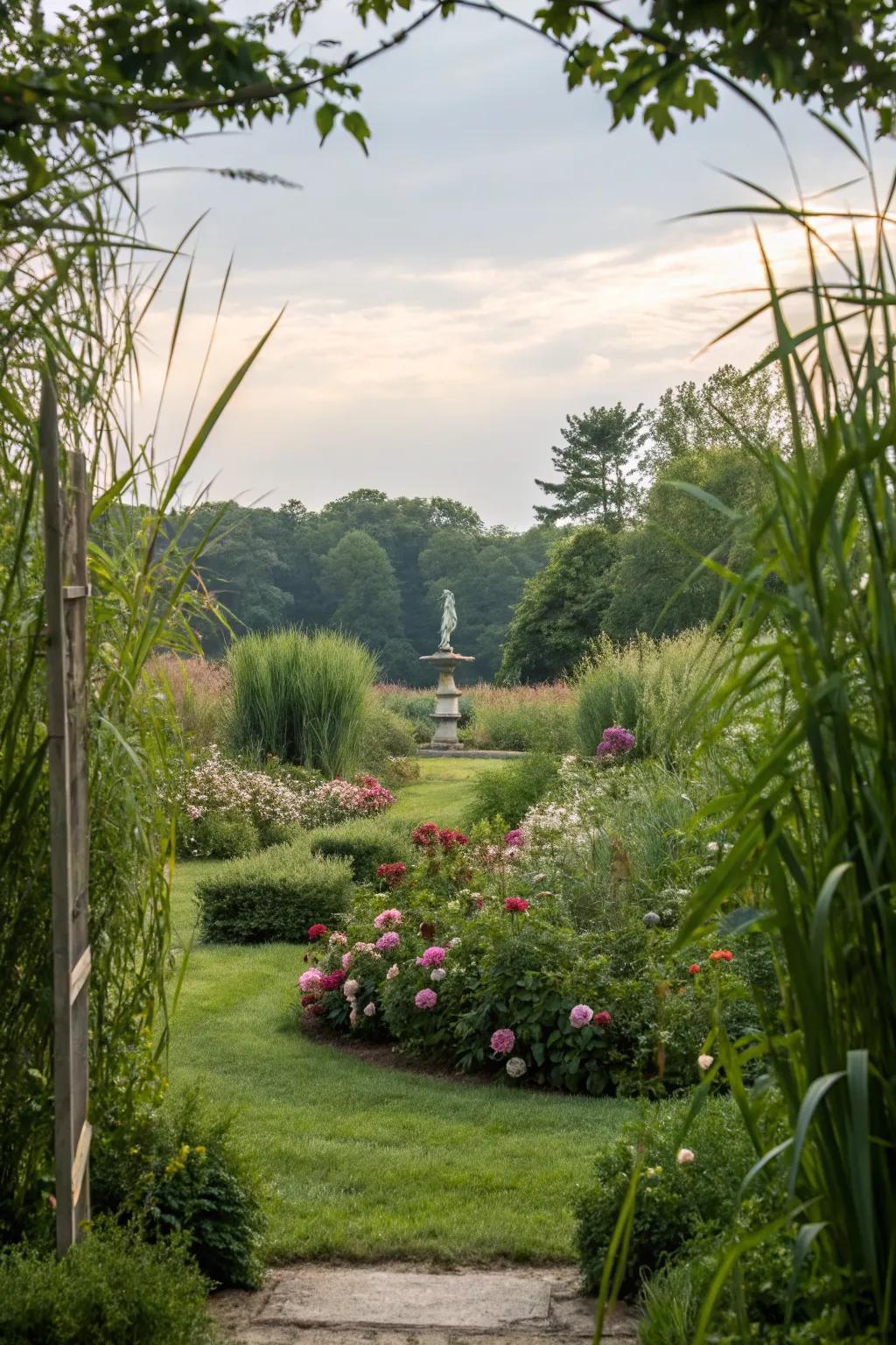 Tall grasses framing a picturesque garden view.