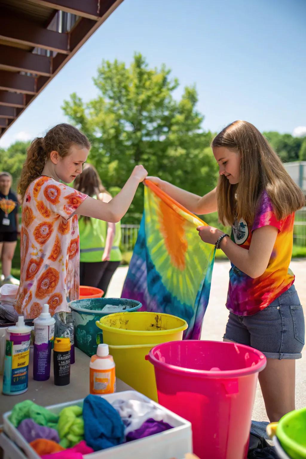 A DIY tie-dye station with colorful dyes and creative teens.