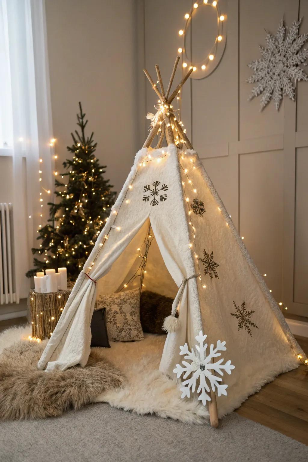 A winter-themed teepee brings a touch of holiday magic indoors.