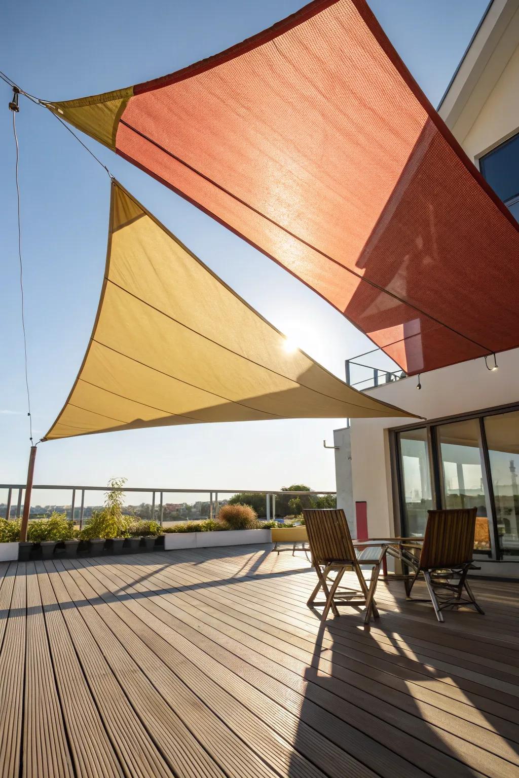 A triangular sail awning adding a nautical flair to a deck.