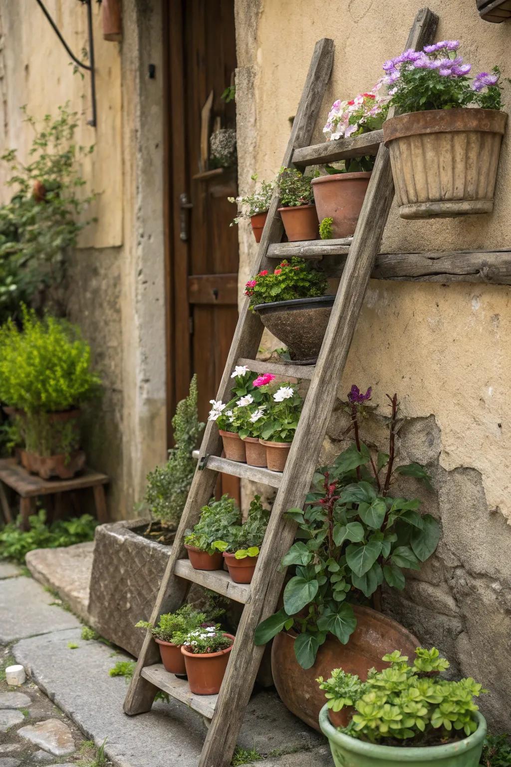 Add vertical charm to your garden with ladder plant stands.